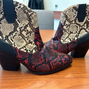 Size 5.5 Deep Red and Tan Snakeskin Ankle Boots 6”Height 3” heel. NWOT Side Zip.